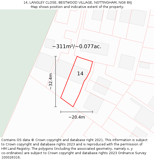 14, LANGLEY CLOSE, BESTWOOD VILLAGE, NOTTINGHAM, NG6 8XJ: Plot and title map