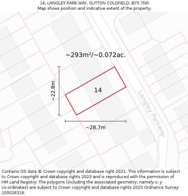 14, LANGLEY PARK WAY, SUTTON COLDFIELD, B75 7NX: Plot and title map