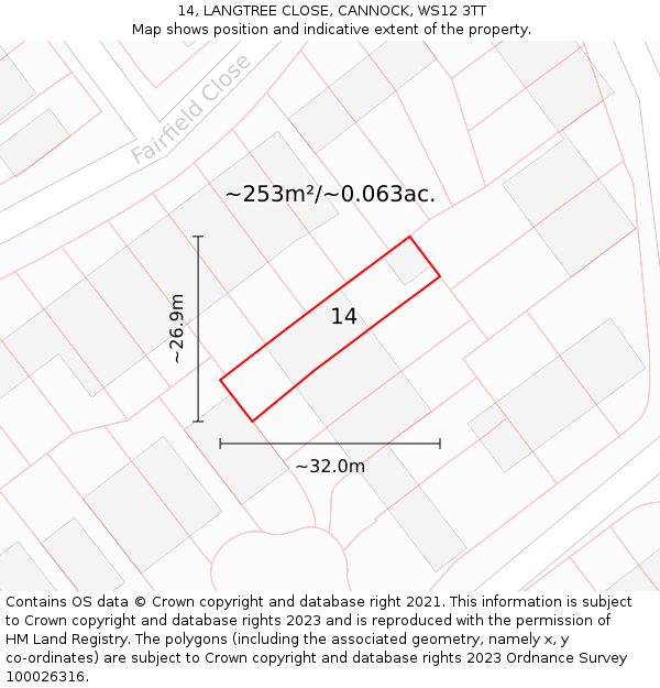 14, LANGTREE CLOSE, CANNOCK, WS12 3TT: Plot and title map