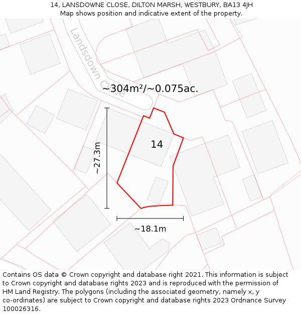 14, LANSDOWNE CLOSE, DILTON MARSH, WESTBURY, BA13 4JH: Plot and title map