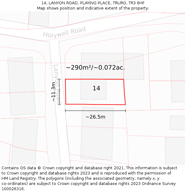 14, LANYON ROAD, PLAYING PLACE, TRURO, TR3 6HF: Plot and title map