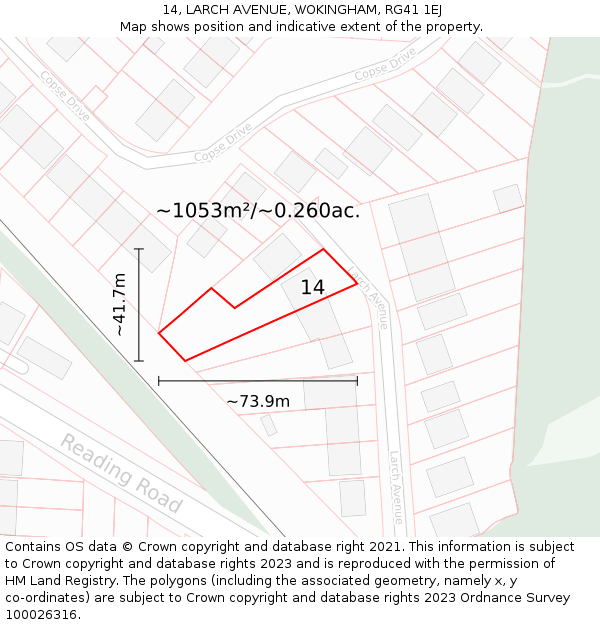 14, LARCH AVENUE, WOKINGHAM, RG41 1EJ: Plot and title map