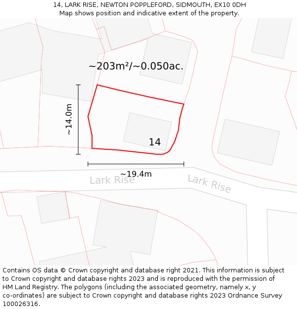 14, LARK RISE, NEWTON POPPLEFORD, SIDMOUTH, EX10 0DH: Plot and title map