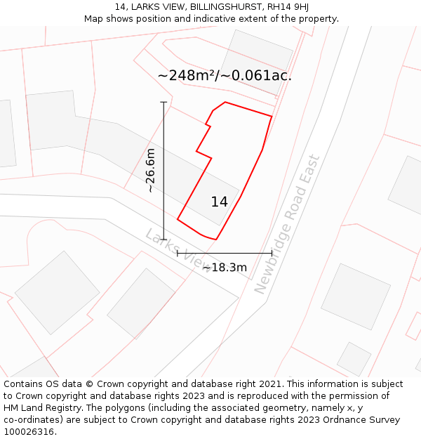 14, LARKS VIEW, BILLINGSHURST, RH14 9HJ: Plot and title map