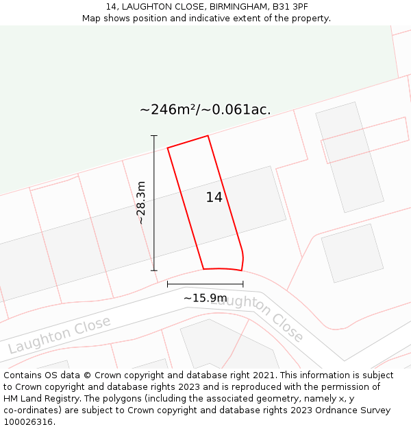 14, LAUGHTON CLOSE, BIRMINGHAM, B31 3PF: Plot and title map