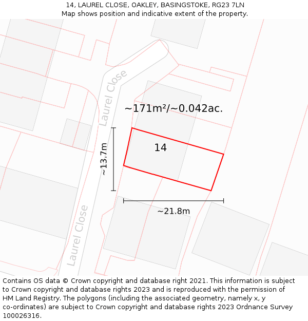 14, LAUREL CLOSE, OAKLEY, BASINGSTOKE, RG23 7LN: Plot and title map