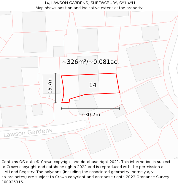 14, LAWSON GARDENS, SHREWSBURY, SY1 4YH: Plot and title map