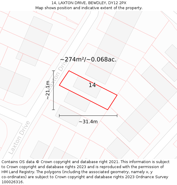 14, LAXTON DRIVE, BEWDLEY, DY12 2PX: Plot and title map