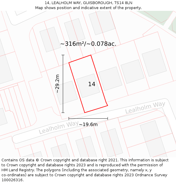 14, LEALHOLM WAY, GUISBOROUGH, TS14 8LN: Plot and title map