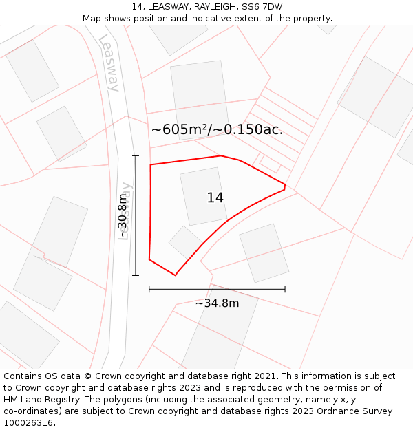 14, LEASWAY, RAYLEIGH, SS6 7DW: Plot and title map