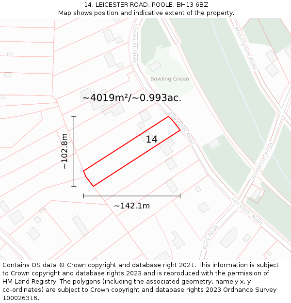 14, LEICESTER ROAD, POOLE, BH13 6BZ: Plot and title map