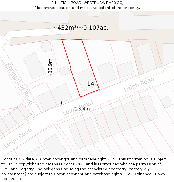 14, LEIGH ROAD, WESTBURY, BA13 3QJ: Plot and title map