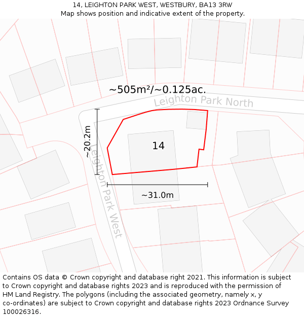 14, LEIGHTON PARK WEST, WESTBURY, BA13 3RW: Plot and title map
