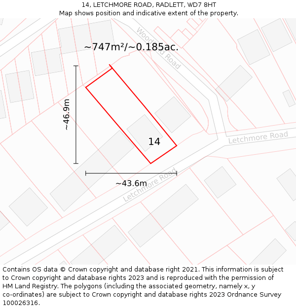 14, LETCHMORE ROAD, RADLETT, WD7 8HT: Plot and title map