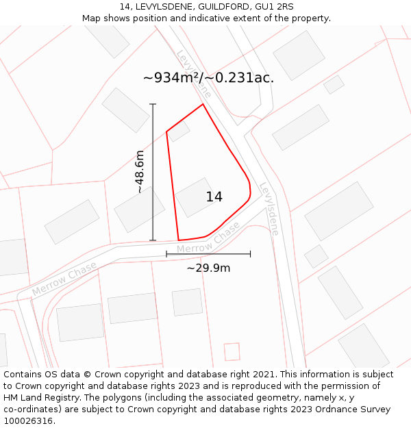 14, LEVYLSDENE, GUILDFORD, GU1 2RS: Plot and title map