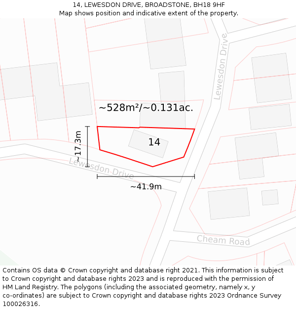 14, LEWESDON DRIVE, BROADSTONE, BH18 9HF: Plot and title map