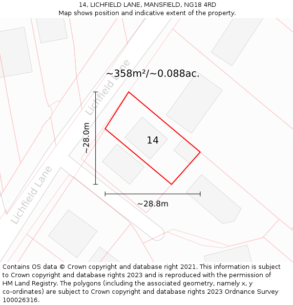 14, LICHFIELD LANE, MANSFIELD, NG18 4RD: Plot and title map