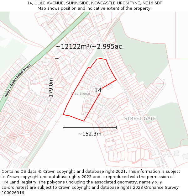 14, LILAC AVENUE, SUNNISIDE, NEWCASTLE UPON TYNE, NE16 5BF: Plot and title map