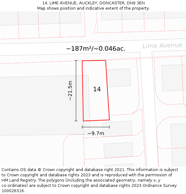 14, LIME AVENUE, AUCKLEY, DONCASTER, DN9 3EN: Plot and title map