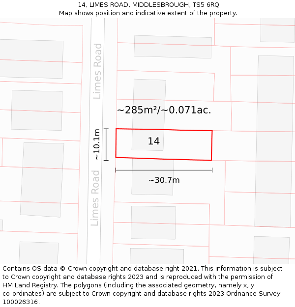 14, LIMES ROAD, MIDDLESBROUGH, TS5 6RQ: Plot and title map