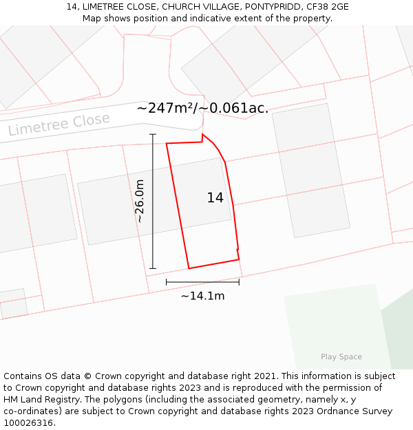 14, LIMETREE CLOSE, CHURCH VILLAGE, PONTYPRIDD, CF38 2GE: Plot and title map