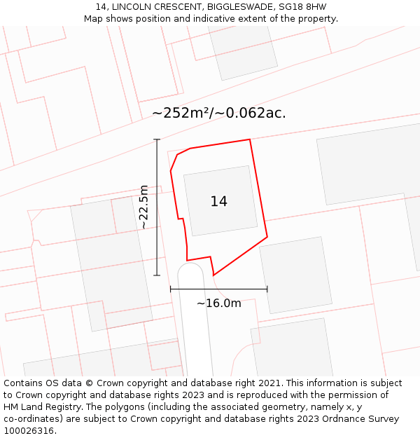 14, LINCOLN CRESCENT, BIGGLESWADE, SG18 8HW: Plot and title map