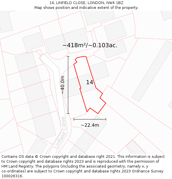 14, LINFIELD CLOSE, LONDON, NW4 1BZ: Plot and title map