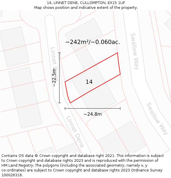 14, LINNET DENE, CULLOMPTON, EX15 1UF: Plot and title map