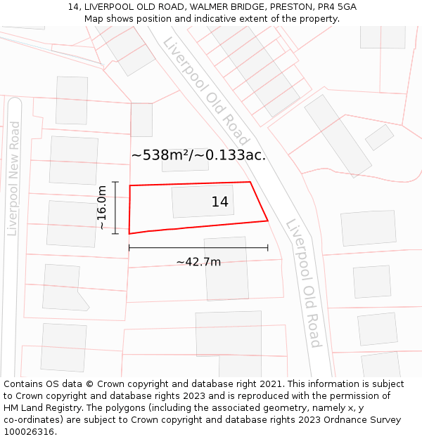 14, LIVERPOOL OLD ROAD, WALMER BRIDGE, PRESTON, PR4 5GA: Plot and title map