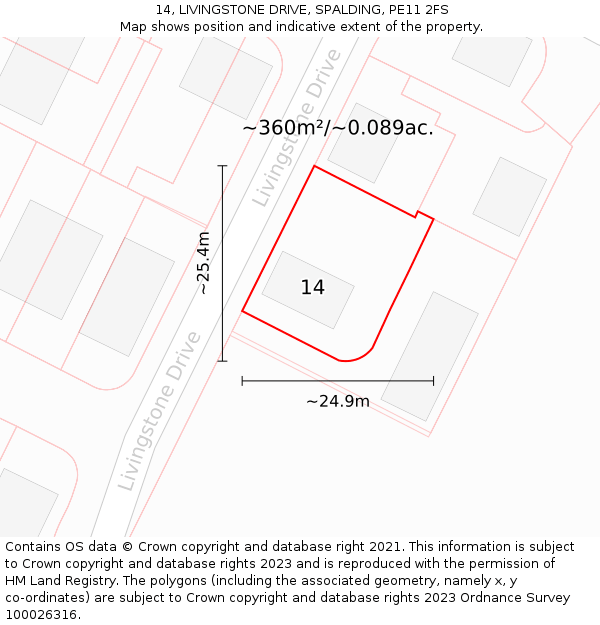 14, LIVINGSTONE DRIVE, SPALDING, PE11 2FS: Plot and title map