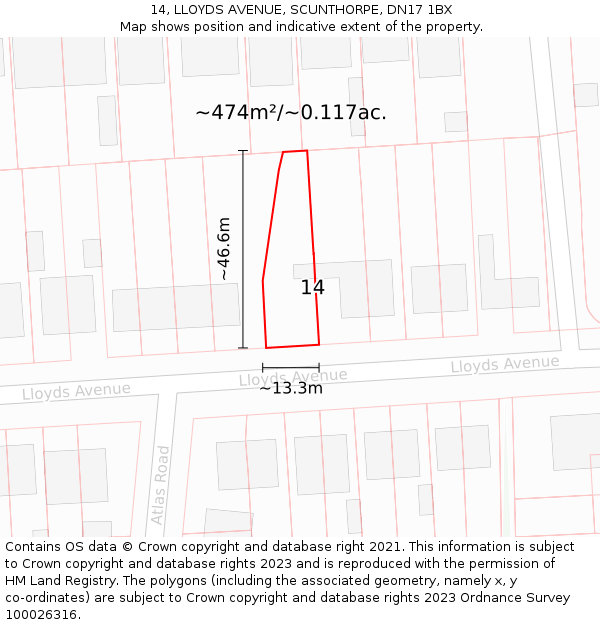 14, LLOYDS AVENUE, SCUNTHORPE, DN17 1BX: Plot and title map