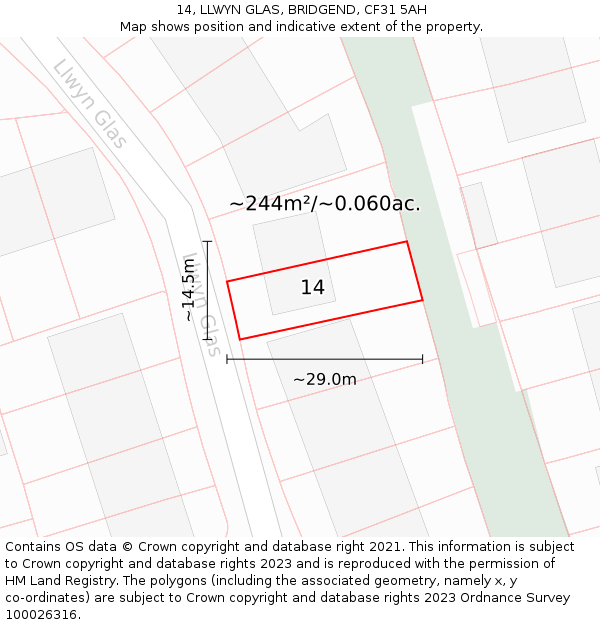 14, LLWYN GLAS, BRIDGEND, CF31 5AH: Plot and title map