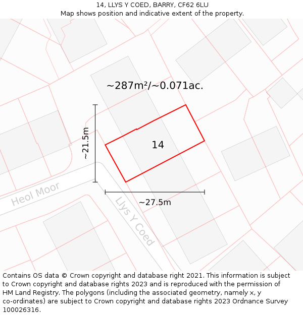 14, LLYS Y COED, BARRY, CF62 6LU: Plot and title map