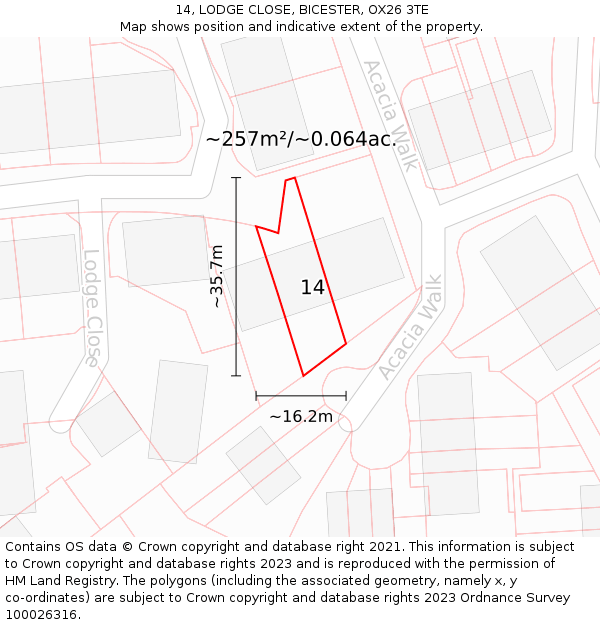 14, LODGE CLOSE, BICESTER, OX26 3TE: Plot and title map