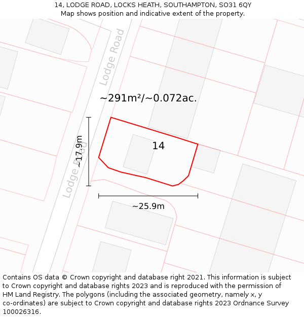 14, LODGE ROAD, LOCKS HEATH, SOUTHAMPTON, SO31 6QY: Plot and title map