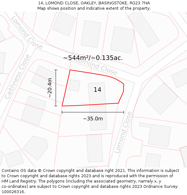 14, LOMOND CLOSE, OAKLEY, BASINGSTOKE, RG23 7NA: Plot and title map