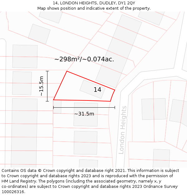 14, LONDON HEIGHTS, DUDLEY, DY1 2QY: Plot and title map