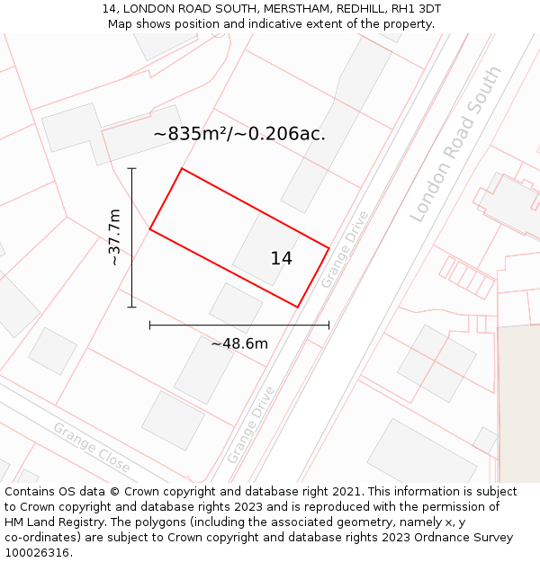 14, LONDON ROAD SOUTH, MERSTHAM, REDHILL, RH1 3DT: Plot and title map