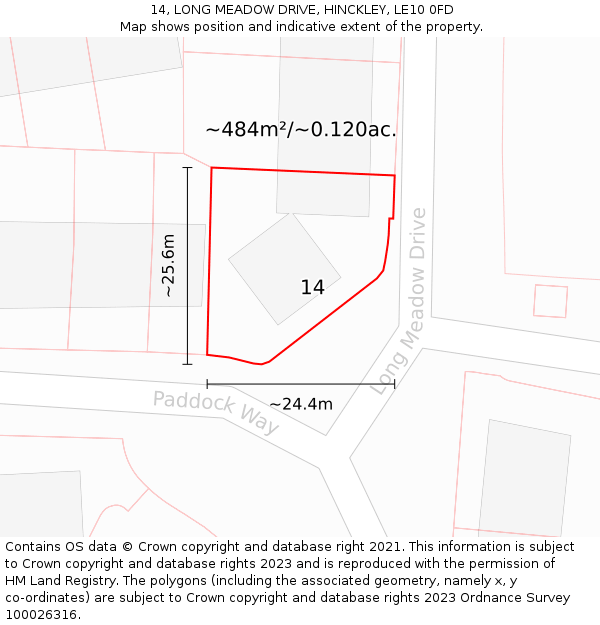 14, LONG MEADOW DRIVE, HINCKLEY, LE10 0FD: Plot and title map