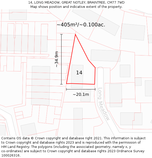 14, LONG MEADOW, GREAT NOTLEY, BRAINTREE, CM77 7WD: Plot and title map