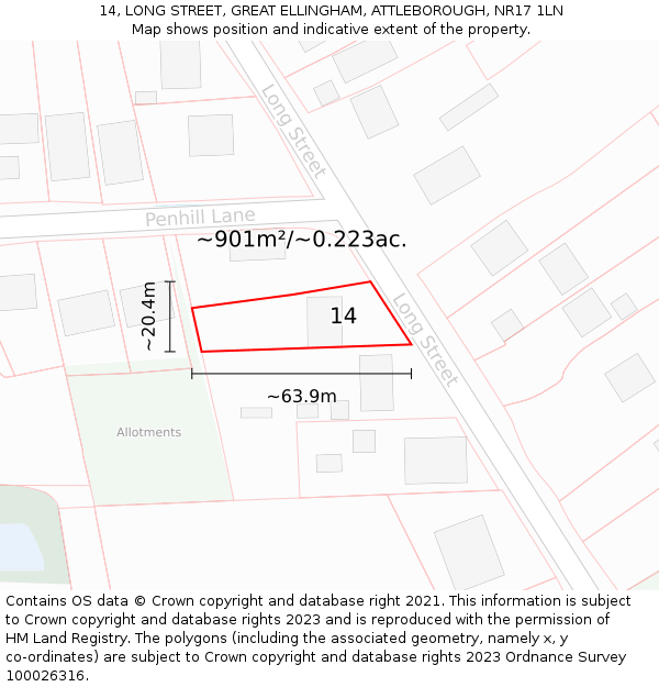 14, LONG STREET, GREAT ELLINGHAM, ATTLEBOROUGH, NR17 1LN: Plot and title map