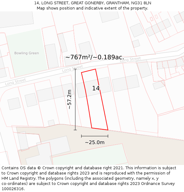 14, LONG STREET, GREAT GONERBY, GRANTHAM, NG31 8LN: Plot and title map