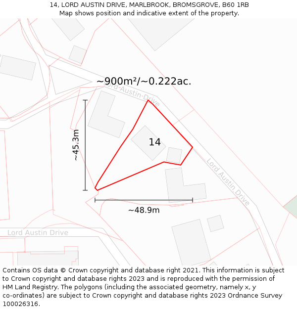 14, LORD AUSTIN DRIVE, MARLBROOK, BROMSGROVE, B60 1RB: Plot and title map