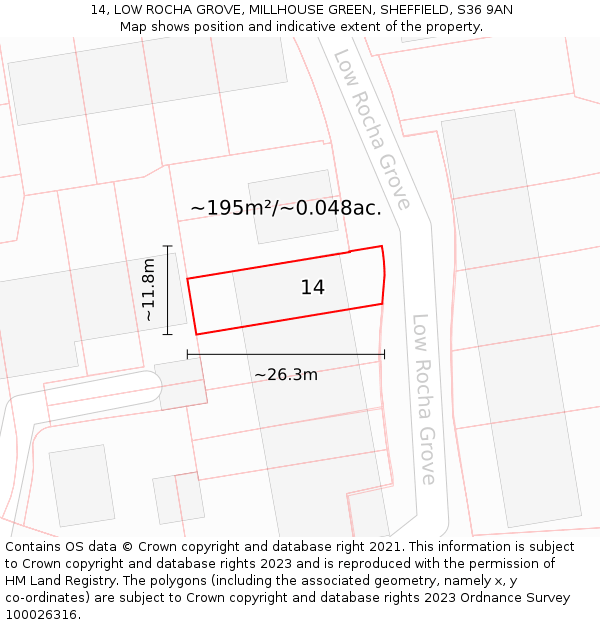 14, LOW ROCHA GROVE, MILLHOUSE GREEN, SHEFFIELD, S36 9AN: Plot and title map