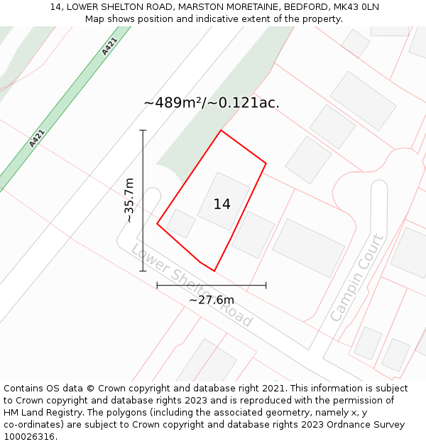 14, LOWER SHELTON ROAD, MARSTON MORETAINE, BEDFORD, MK43 0LN: Plot and title map