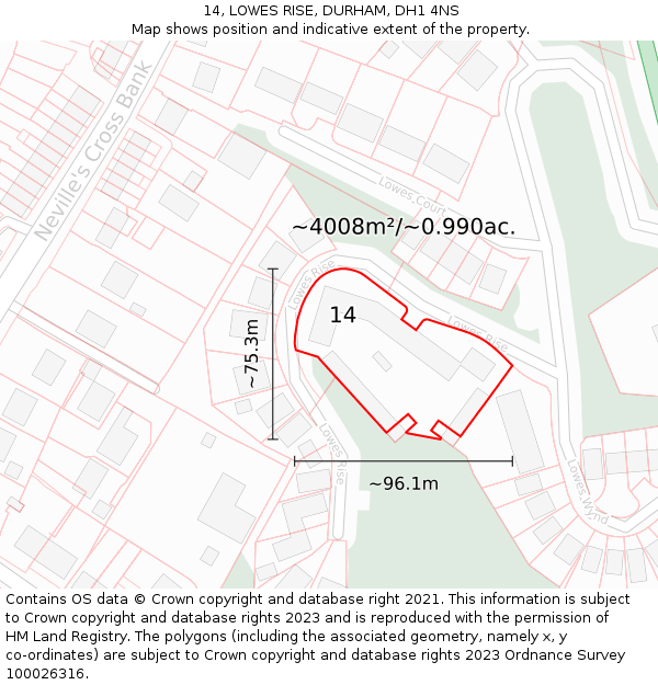 14, LOWES RISE, DURHAM, DH1 4NS: Plot and title map