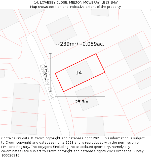 14, LOWESBY CLOSE, MELTON MOWBRAY, LE13 1HW: Plot and title map