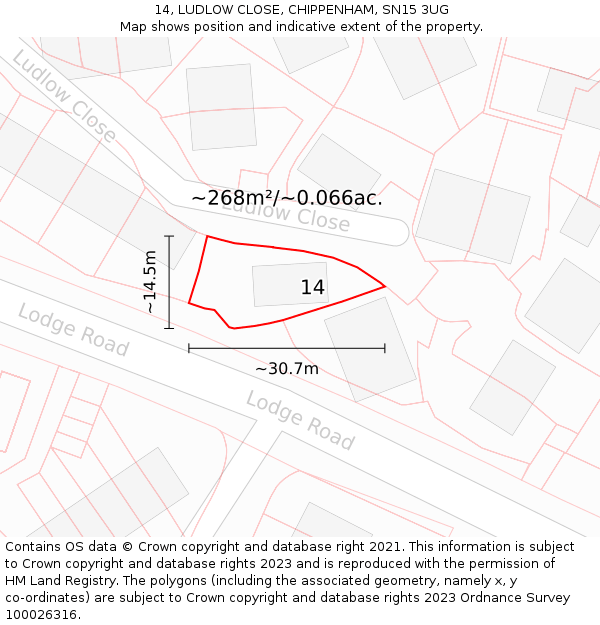 14, LUDLOW CLOSE, CHIPPENHAM, SN15 3UG: Plot and title map