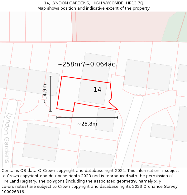 14, LYNDON GARDENS, HIGH WYCOMBE, HP13 7QJ: Plot and title map