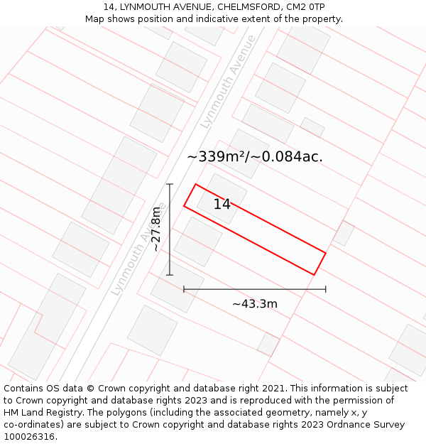 14, LYNMOUTH AVENUE, CHELMSFORD, CM2 0TP: Plot and title map